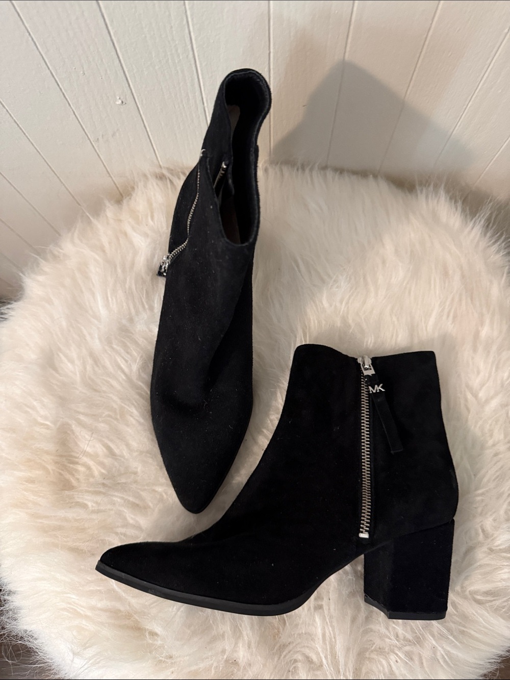 Michael Kors Black Suede Pointed Toe Block Heel Booties with Silver Zipper